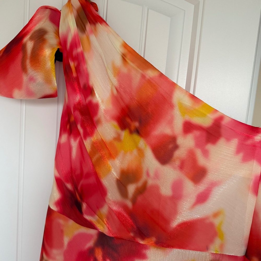 Alex Marie Floral One Shoulder Chiffon Gown - Coral/White - Size 14